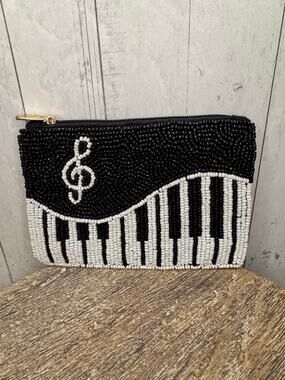 Black White Beaded Coin Purse Music Lover Piano Pouch Womens Gift for Her NEW!